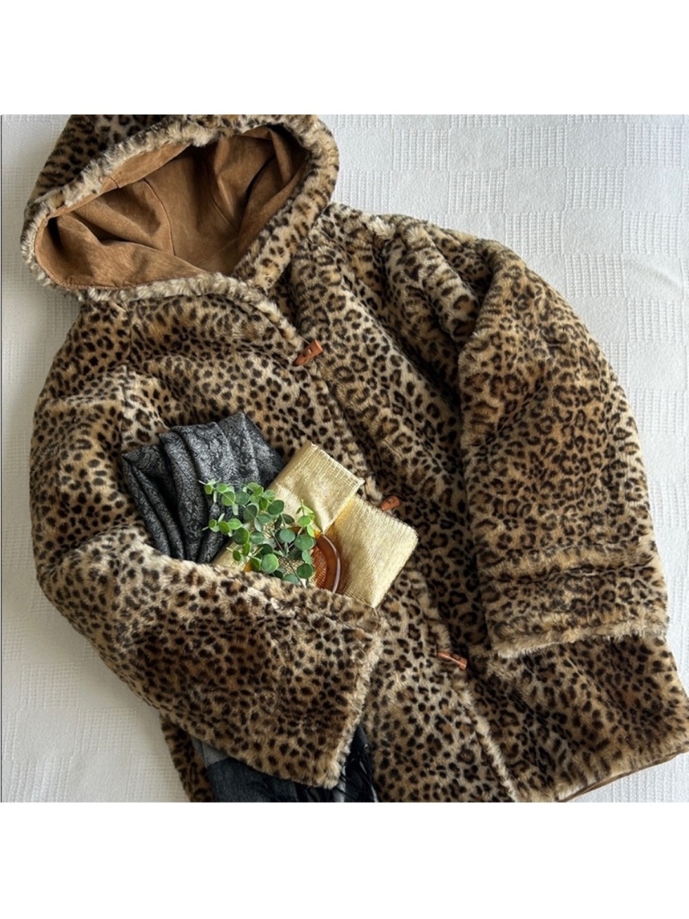 Vintage Marvin Richard’s leopard plush faux fur and leather coat 
size large